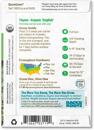 Miniatura 2 de Back to The Roots Semillas de reliquia 100% orgánicas, paquete de tomillo (140 mg en total)