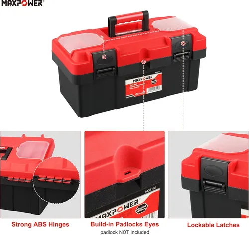Miniatura 3 de MAXPOWER Caja de herramientas de 16 pulgadas, caja de herramientas pequeña de plástico con pestillo y bandeja extraíble, caja de herramientas
