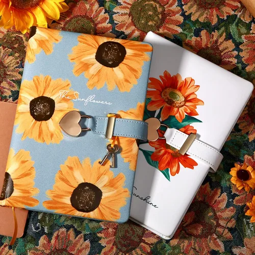 Miniatura 7 de Diario infantil de cuero sintético con candado y llave, agenda de viaje, agenda, cuaderno secreto de notas para mujer, 5.3 x 8.4 pulgadas, girasol