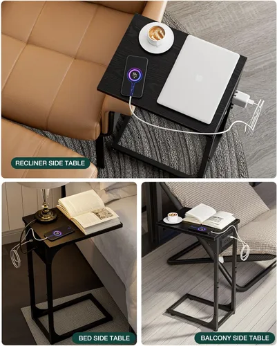 Miniatura 6 de Mesa auxiliar en forma de C para sofá, soporte de café pequeño, bandeja de sofá con marco de metal, parte superior de madera impermeable resistente