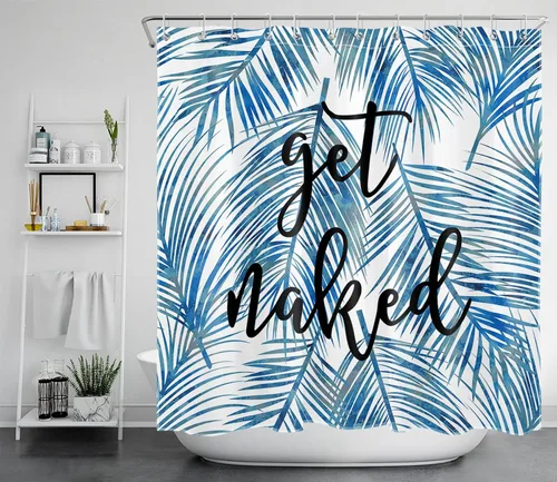 Miniatura 20 de LB Cortina de ducha de plantas de hojas verdes tropicales, citas divertidas y hojas de palma en cortinas de ducha beige para baño, tela de poliéster