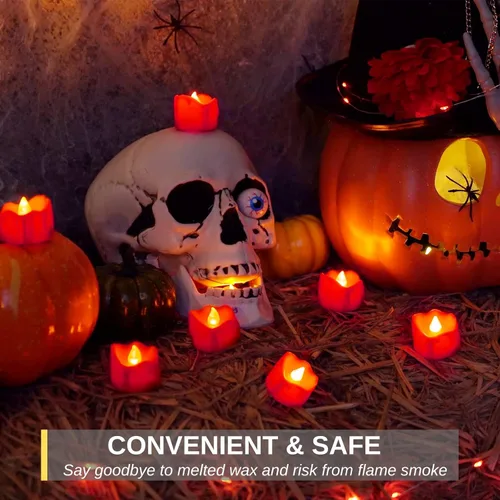 Miniatura 6 de Homemory - Paquete de 24 velas de té rojas sin llama para Halloween, velas LED parpadeantes que funcionan con baterías, seguras para calabazas