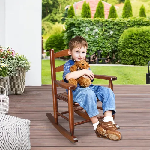Miniatura 2 de JOYMOR Silla mecedora de madera para exteriores para niños con respaldo alto, balancín para niños resistente al clima, silla mecedora de patio