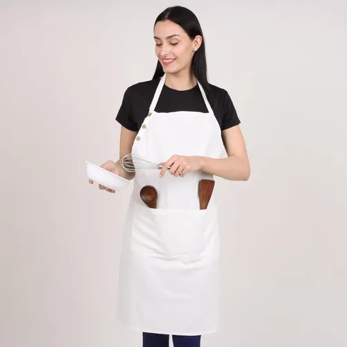 Miniatura 4 de Delantal de cocina de algodón, blanco, 33 pulgadas de largo, 2 bolsillos, ajustable, lavable a máquina