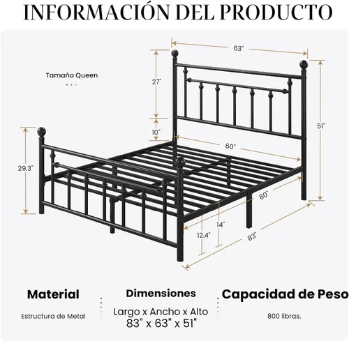 Miniatura 2 de SHA CERLIN Marco de cama de plataforma de metal tamaño individual de 14 pulgadas, cabecera y estribo victorianos/base de colchón de listones de Negro