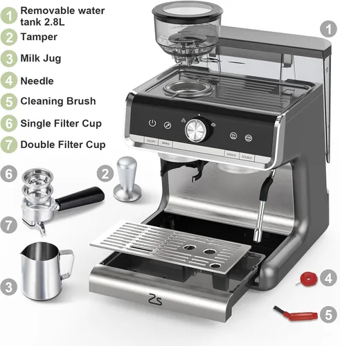 Miniatura 8 de Máquina de café espresso semiautomática, cafetera profesional de 20 bar con molinillo, calentamiento rápido de 1450 W, 30 ajustes de molienda