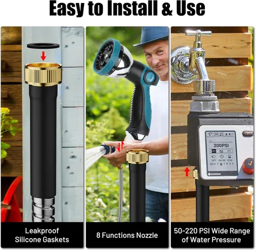Miniatura 6 de Beitopamz Manguera de jardín de 100 pies, manguera de agua de metal de acero inoxidable con boquilla, flexible y duradera, a prueba de óxido, sin