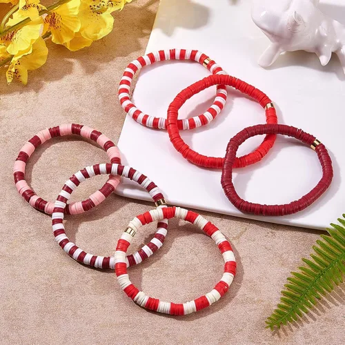 Miniatura 6 de 3600 cuentas de arcilla roja para hacer pulseras, 10 hebras planas redondas de arcilla polimérica de 0.236 pulgadas (0.236 in), cuentas Heishi