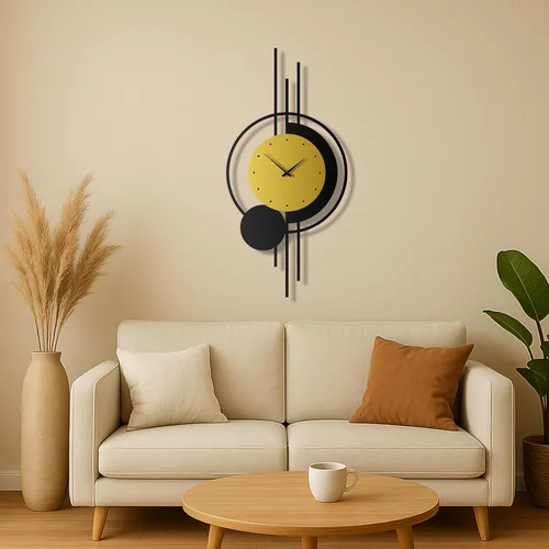 Miniatura 6 de pluviart Reloj de pared geométrico dorado y negro, reloj de metal silencioso grande, arte de pared moderno de mediados de siglo para sala de estar