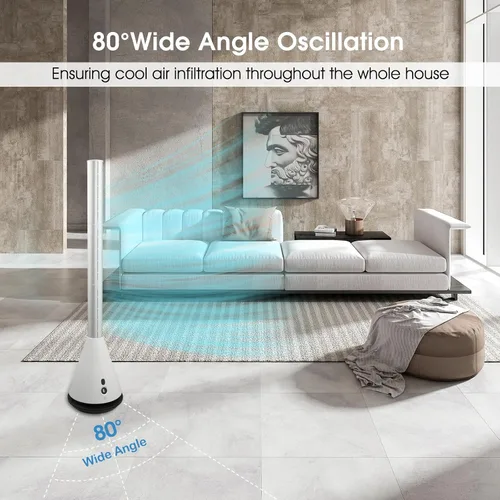 Miniatura 2 de Ventilador de torre sin aspas con control remoto, ventilador de circulación de aire oscilante de 80°, 9 velocidades, temporizador de 8 horas