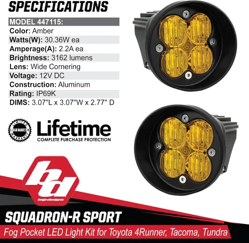 Miniatura 6 de Baja Designs Squadron-R Sport - Kit de luces LED antiniebla para Toyota Tacoma 2012-24, Tundra 2014-24, 4Runner 2010-24, juego de 2 luces LED