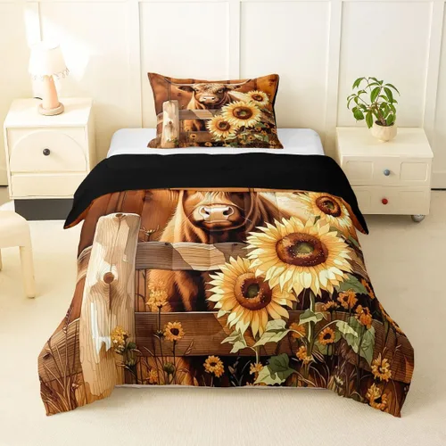 Miniatura 13 de Juego de ropa de cama de vaca de las tierras altas, edredón de ganado de las tierras altas, juego de edredón rosa floral de vaca occidental, juego