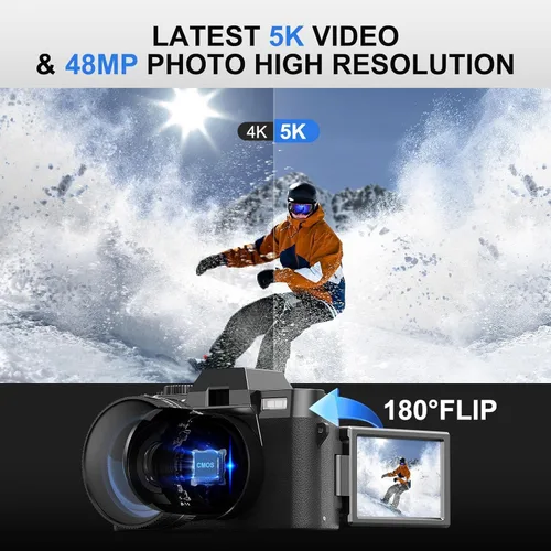 Miniatura 2 de Cámara digital 5K para fotografía, cámara de vlogging WiFi de 64MP con doble lente y pantalla abatible de 180°, zoom 16X, kit de cámara de apuntar