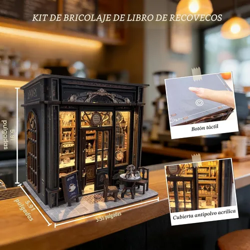Miniatura 2 de Kit de rincón de libros para cafetería, kit de casa en miniatura con luz LED para adultos y adolescentes, rompecabezas de madera 3D, rincón