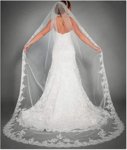 Brinote Velos de novia de encaje para novias con peine de 1 nivel largo de catedral con apliques de flores, velos de tul suaves para iglesia