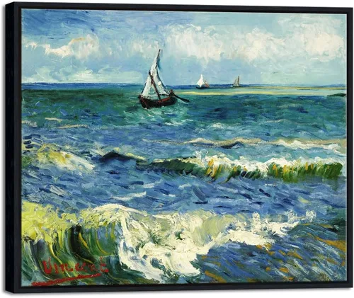 Wieco Art Arte enmarcado negro paisaje marino en Saintes Maries por Vincent Van Gogh pinturas al óleo Reproducción modernas impresiones en lienzo