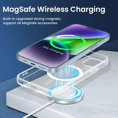 Miniatura 2 de VEGO Funda para iPhone 13 y iPhone 14, con imanes integrados, parte trasera de policarbonato duro transparente + funda delgada de TPU suave