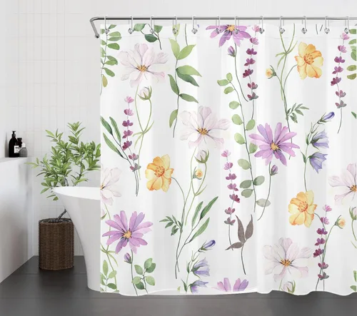 Miniatura 6 de Cortina de ducha de flores silvestres amarillas, moradas, florales y verde salvia con hojas de eucalipto sobre blanco, juego de cortina de ducha