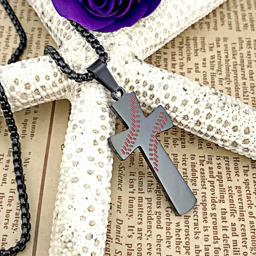 Miniatura 5 de Aiyo Nice Collar con colgante de cruz de béisbol para niños y hombres chapado en oro de 18 quilates versículo bíblico de acero inoxidable joyería