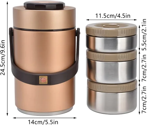 Miniatura 6 de 2.3L Vacuum Insulated Food Container with 3 Stackable Compartments 304 Stainless Steel Leak Proof Adults Thermal Food Jar for Work Travel Picnic Gold