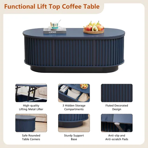Miniatura 3 de Mesa de Centro Ovalada con Tapa Elevable y Almacenamiento, 43.3" Mesa Central Moderna de Mediados de Siglo con Compartimento Oculto, Mesa de Comedor