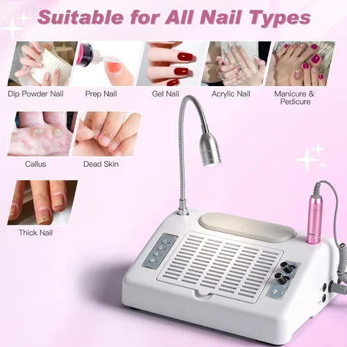 Miniatura 6 de Biutee Colector de polvo de uñas, 5 en 1, 80 W, extractor profesional de 30000 rpm, máquina de taladro eléctrico de uñas con lámpara LED UV de 48