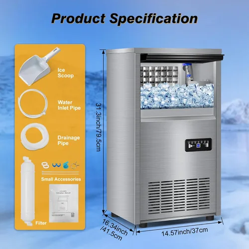 Miniatura 7 de Máquina comercial para hacer hielo con 2 opciones de entrada de agua, contenedor de almacenamiento de 40 libras, máquina de hielo integrada de 140