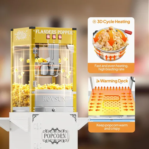 Miniatura 2 de Máquina de palomitas de maíz ROVSUN con carrito, ruedas y hervidor de 8 oz, hace hasta 32 tazas, certificada ETL, máquina de palomitas de maíz