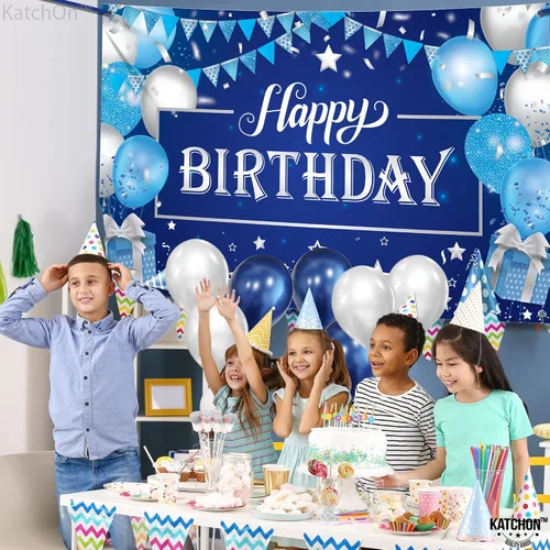 Miniatura 9 de KatchOn, Cartel grande de feliz cumpleaños plateado y azul - 72 x 44 pulgadas Cartel de pared de feliz cumpleaños para hombres Telón de fondo