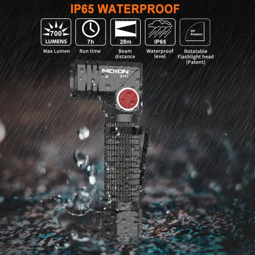 Miniatura 5 de NICRON B74T Linterna de luz roja, luz LED blanca recargable de 700 lúmenes con base magnética, clip, IP65 impermeable para camping, caminata