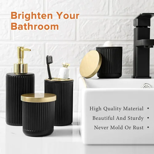 Miniatura 5 de RYTOXILO Juego de accesorios de baño negro mate y dorado, 4 paquetes de juegos de accesorios de baño de vidrio completos, juego de dispensador