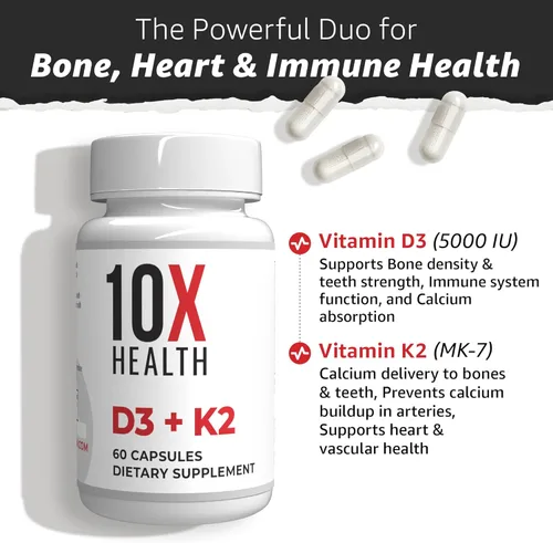 Miniatura 3 de 10X Health Vitamina D3 5000 UI y K2 MK7 - Menaquinona 7, suplemento de vitamina D3 K2 de alta potencia para la salud ósea, corazón y dientes, 125