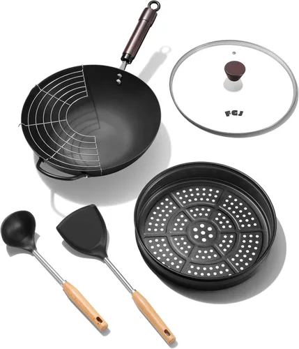 Miniatura 6 de Wok, woks y sartenes de acero al carbono de 13 pulgadas antiadherentes, wok chino de 5.8QT con fondo plano pre-curado con tapa, sartenes de paella