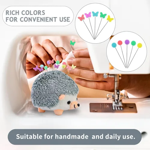 Miniatura 5 de Fteven Kit de 200 Piezas de Alfileres Rectos de Cabeza Plana con Alfiletero Erizo, Alfiletero Grande con Caja de Almacenamiento Transparente