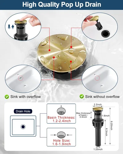 Miniatura 5 de Grifo de cascada de latón, grifo de baño dorado cepillado, mango único para un agujero o 3 agujeros de 4 pulgadas con desagüe emergente, mangueras