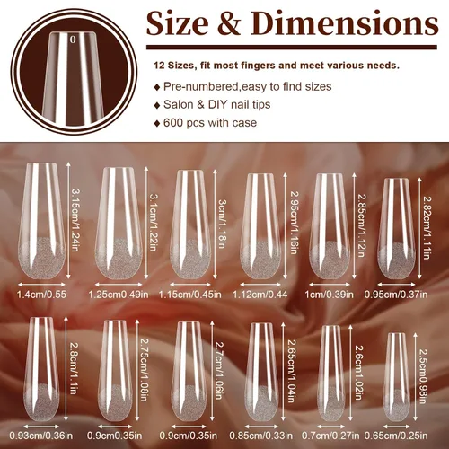 Miniatura 2 de FEBSNOW 600 piezas de puntas de uñas postizas largas estilo ataúd, uñas de gel transparentes de cobertura completa, estilo bailarina, autoadhesivas