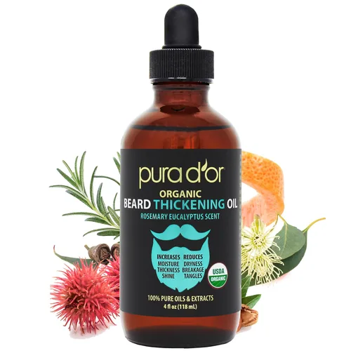 PURA D'OR Aceite de barba espesante de 4 onzas – Mezcla hidratante con romero, biotina y aceite de ricino – Aumenta la humedad, el grosor y el