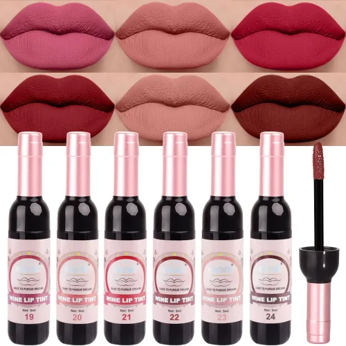 Miniatura 12 de evpct Tinte de Labios Mancha de Vino Juego de 6 Colores de Larga Duración Impermeable, Rosa cálido neutro Marrón nude Arándano profundo Malva rosa