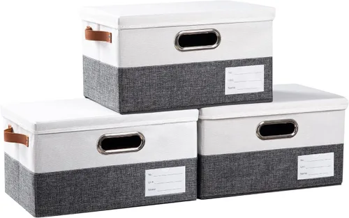 Miniatura 29 de PRANDOM Contenedor de almacenamiento plegable con tapa [1 unidad] Caja de almacenamiento decorativa de tela de lino, cesta organizadora con asas