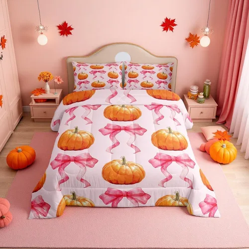 Miniatura 15 de Erosebridal Juego de edredón individual de pavo de Acción de Gracias, juego de ropa de cama de calabaza con hojas de otoño para niños y adultos