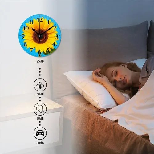 Miniatura 3 de Reloj de pared, funciona con pilas, redondo, silencioso, sin tictac, girasol contra fondo azul, reloj decorativo para cocina, baño, sala de estar