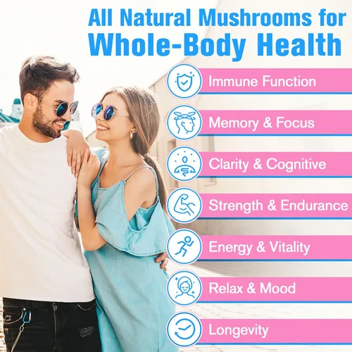 Miniatura 4 de Suplemento de hongos de 2600 mg, complejo de hongos 20 en 1, con melena de león, cordyceps, reishi, cola de pavo, Chaga - Suplementos cerebrales