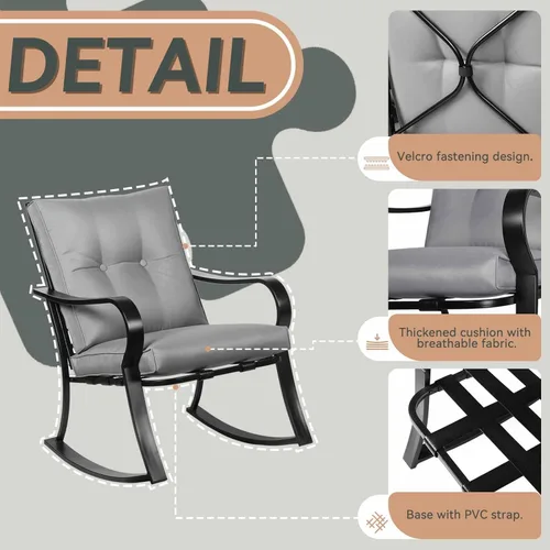 Miniatura 5 de Juego de 3 sillas mecedoras para exteriores, muebles de patio, sillas de metal negro y mesa de centro con tapa de vidrio con cojines gruesos