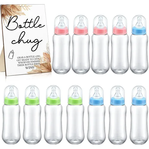 Roowest Bottle Chug Baby Shower Game Favors 12 piezas de botellas de baby shower con 1 letrero de madera para revelación de género suministros de