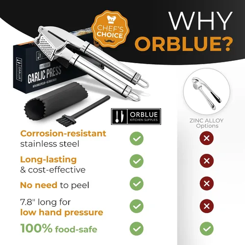 Miniatura 7 de Orblue - Prensa de ajo de acero inoxidable - Juego de picadora, trituradora y pelador de ajo de grado profesional premium - Fácil de limpiar, apto