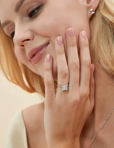 Miniatura 3 de EAMTI Anillos de compromiso de plata de ley 925 de 2 quilates, corte princesa, circonita cúbica, anillos de promesa de boda para ella