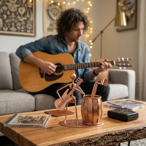 Miniatura 5 de MyGift Soporte para bolígrafo para escritorio, taza de lápiz decorativa con diseño de guitarra, accesorios y decoración para hombres, escritorio