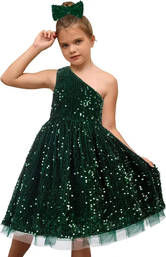 Miniatura 4 de GRACE KARIN Vestido de lentejuelas para niñas, vestido de fiesta de boda de un hombro con lazo para el pelo, 5-12 años
