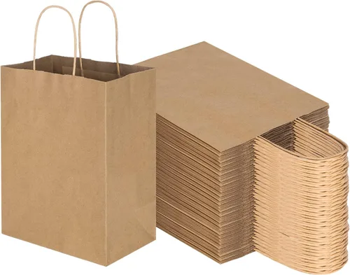 Toovip Paquete de 100 bolsas de papel kraft de 8 x 4.75 x 10 pulgadas, medianas de color marrón liso con asas, a granel, bolsas de envoltura de