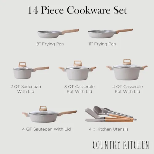 Miniatura 3 de Country Kitchen Juego de ollas y sartenes antiadherentes, juego de utensilios de cocina de aluminio fundido con utensilios, juego de cocina